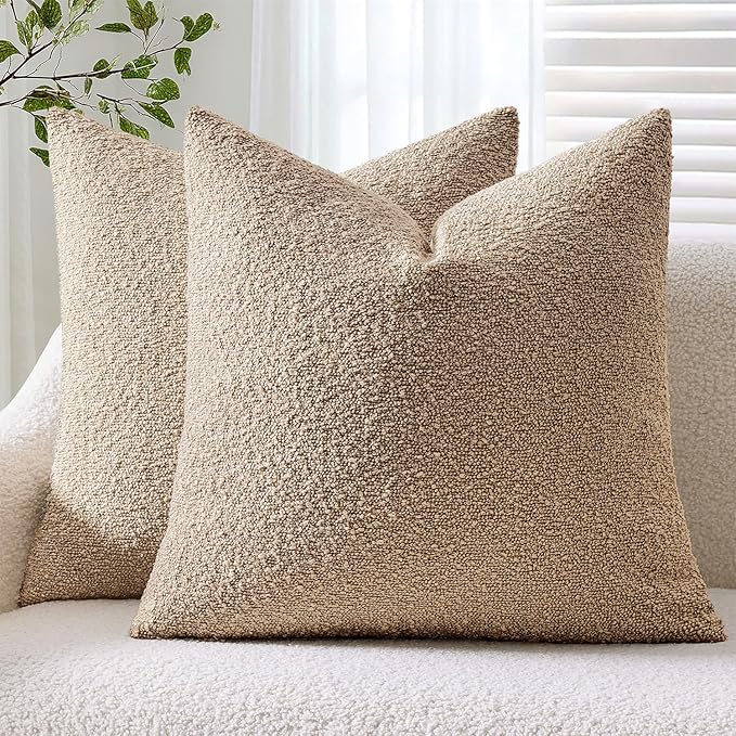 ANRODUO Pack of 2 Textured Boucle Throw Pillow Covers Soft Camel Decorative Accent Solid Pillow Cases Cozy Modern Couch Cushion Case for Chair Sofa Bedroom Living Room Home Decor, 20 x 20 Inch