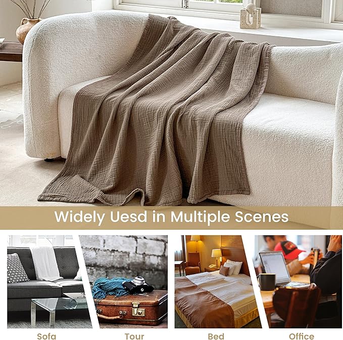 FALUCA Cotton Muslin Reversible Blanket Twin Size for Bed, Couch, Four Layers Blanket, Soft Lightweight Cozy Breathable Farmhouse Decoration for All-Season, Brown