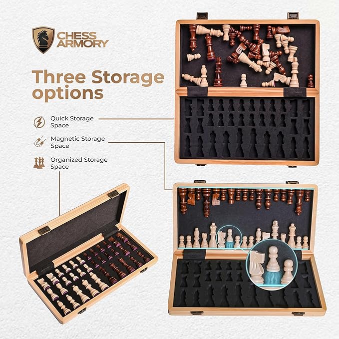 15 Inch Magnetic Wooden Chess Set for Adults & Kids - Folding Travel Chess Board with Handcrafted Staunton Pieces, Extra Queens, and Storage Slots
