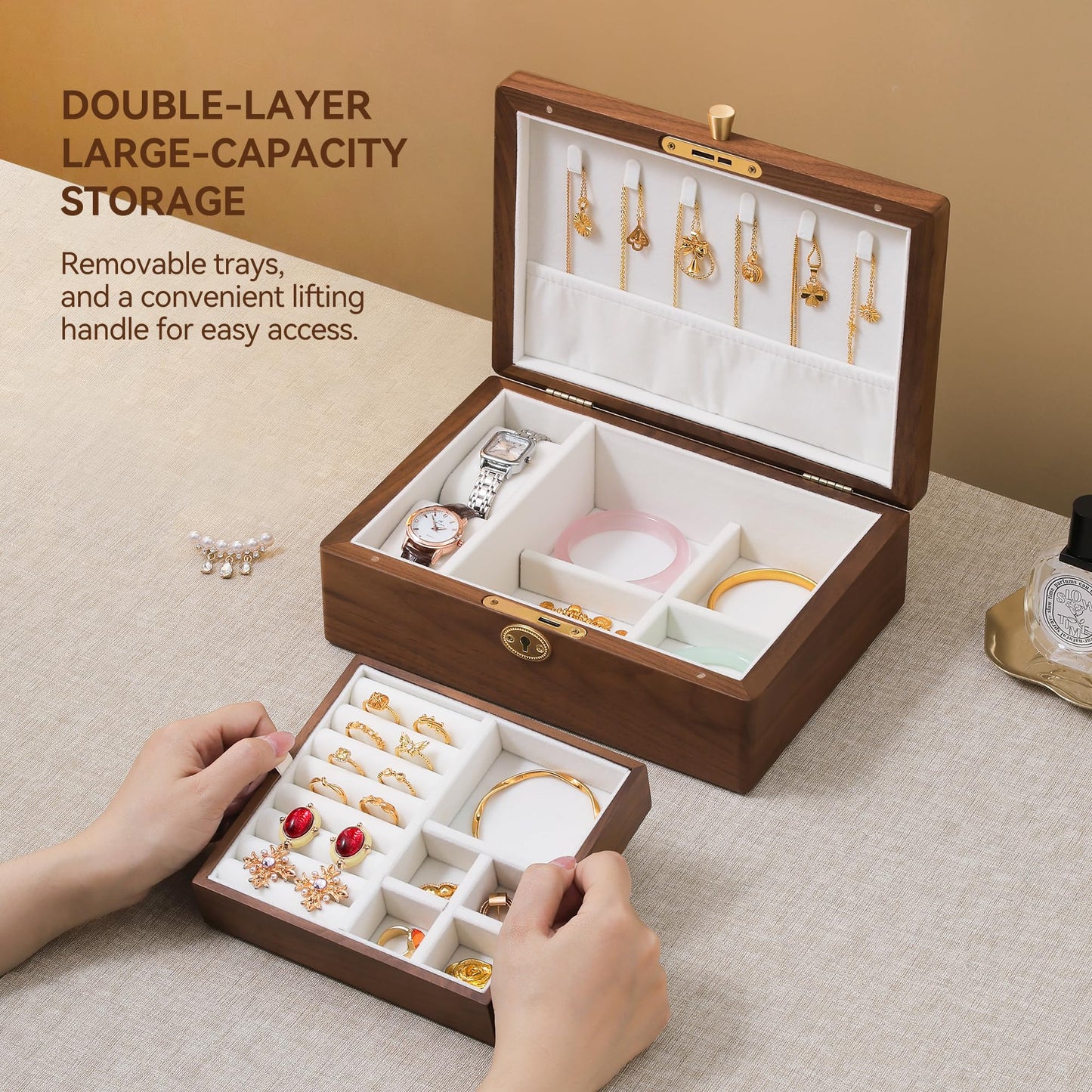 Black Walnut Wooden Jewelry Box with Lock, 2 Layer Natural Solid Wood Jewelry Organizer with Removable Tray, Velvet Lined Storage for Necklace Ring Earrings Watch Bracelet, Gifts for Mom Women Girl