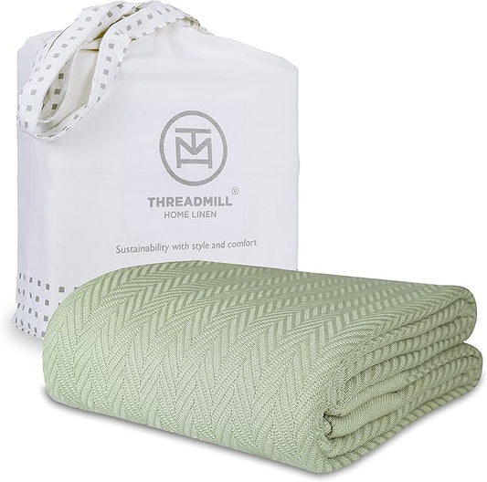 Threadmill Luxury Cotton King Size Blanket | All-Season Cozy Cotton Blankets for King Size Bed | Herringbone Soft Fall Thermal Blanket fits California King Size Bed 106 x 92 | Sage Green