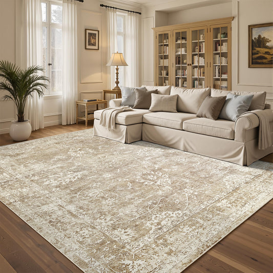Madane 5x7 Area Rugs for Living Room, Washable Vintage Neutral Rug with Non-Slip Backing, Soft Floral Print Throw Rugs Floor Low Pile Carpet for Bedroom Dining Room Farmhouse (5 x 7, Beige/Brown)
