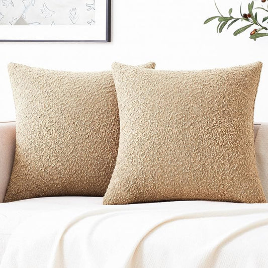 Mixhug Decorative Boucle Throw Pillow Covers, Camel, 20 x 20 Inches, Pack of 2 - Textured Boho Pillow Covers for Couch and Bed