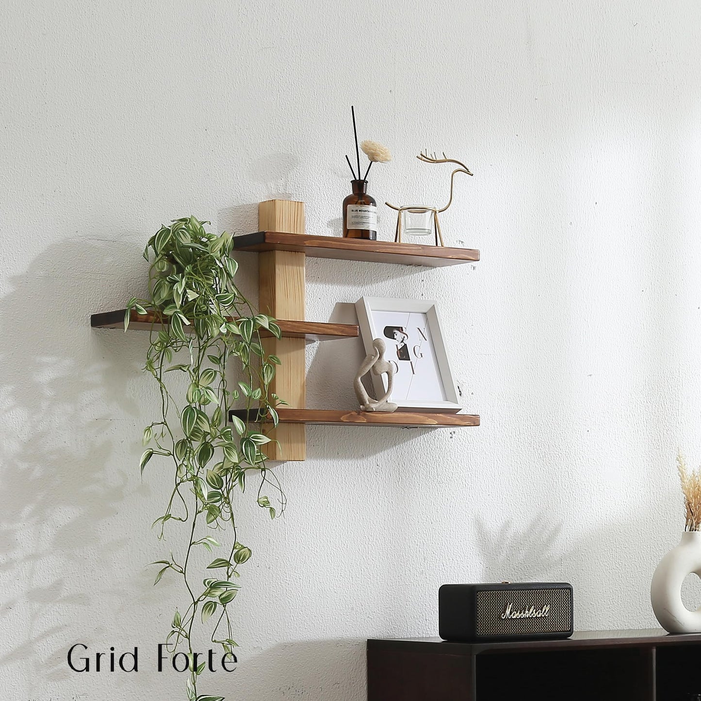 GRID FORTE Wood 3-Tier Floating Shelf, Large Minimalist Wall Shelves
