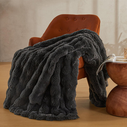 JELLYMONI Faux Fur Throw Blanket, Dark Grey Throw Blanket for Couch, Fuzzy Cozy Plush Bubble Bed Blanket, Thick and Warm Blanket, Throw (50" X 60")