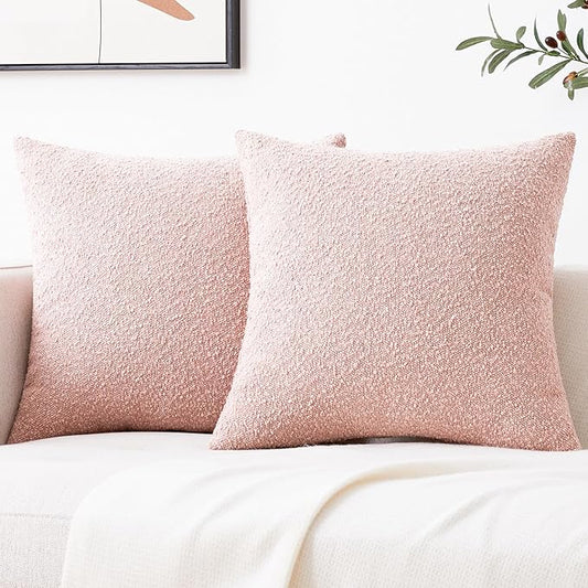 Mixhug Decorative Boucle Throw Pillow Covers, Pink, 20 x 20 Inches, Pack of 2 - Textured Boho Pillow Covers for Couch and Bed