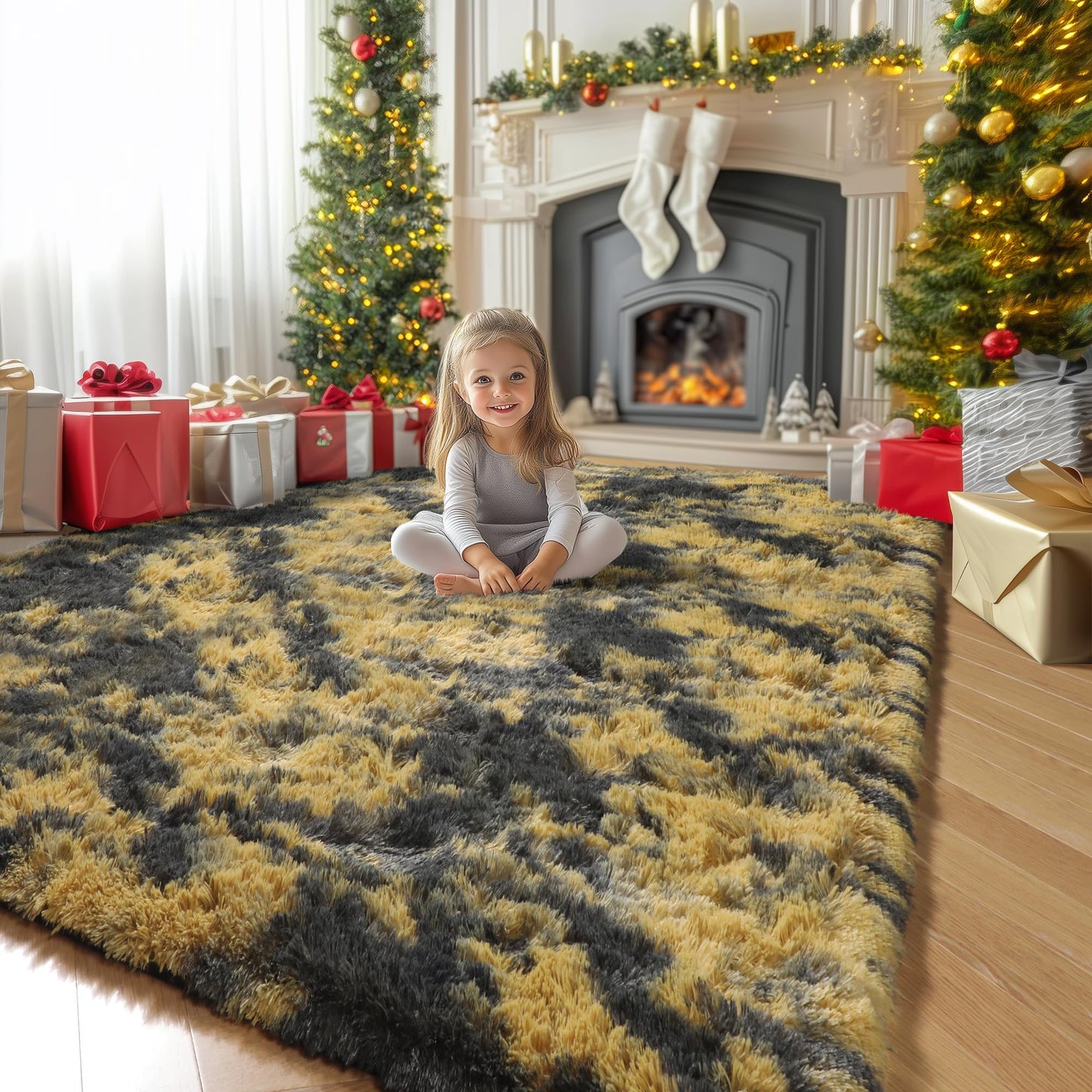 Amdrebio Black Gold Yellow Grey Rugs for Bedroom Living Room Decor, Fluffy Furry Fuzzy Shaggy Area Rug 4x6 for Kids Room Dorm Home Office, Modern Cool Leopard Cheetah Shag Carpet for Teen Boys Men