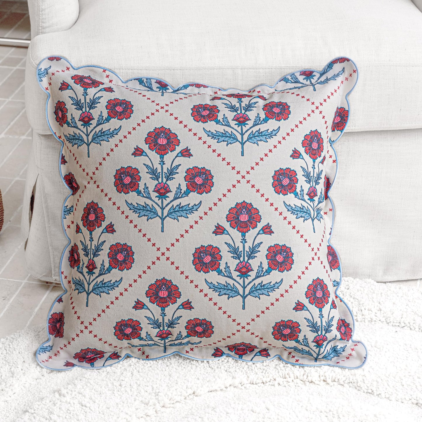 DrapePalette - Scalloped Throw Pillow Covers with Block Print Floral Patterns and Hidden Zipper - Crimson, 20 x 20 Inches Pack of 1 - Soft Indoor Pillow Case for Livingroom, Bedroom, or Lounge