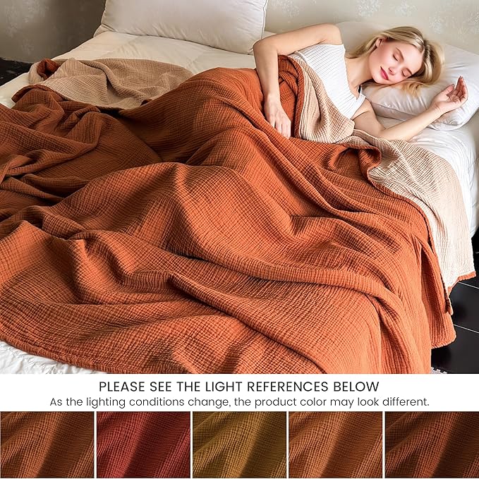 FALUCA Cotton Muslin Reversible Blanket Queen Size for Bed, Couch, Four Layers Blanket, Soft Lightweight Cozy Breathable Farmhouse Decoration for All-Season, Camel