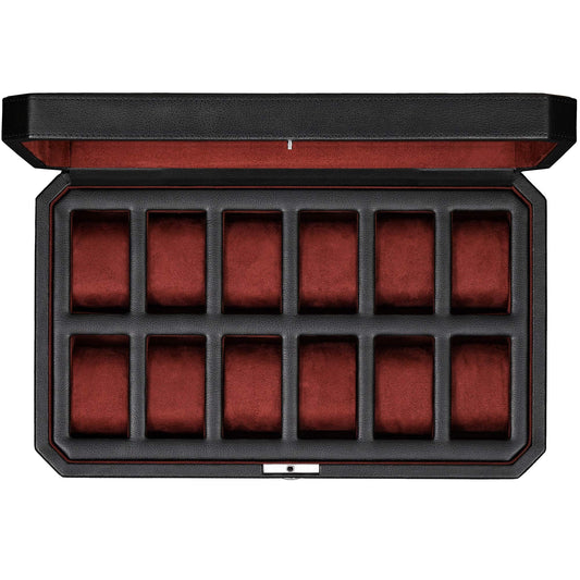 ROTHWELL 12 Slot Leather Watch Box for Men - Luxury Case Display Jewelry Organizer with Microsuede Liner - Travel Jewelry Case for Mens Accessories, Travel Organizer (Black & Red)