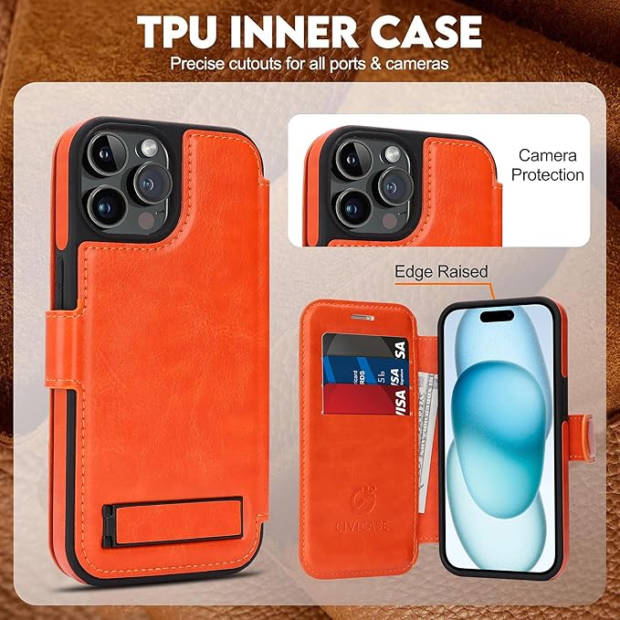 CIVICASE for iPhone 14 Pro Max Wallet Case with Stand,PU Leather Flip Credit Card Holder Slots (RFID Blocking),Compatible with Magsafe Magnetic Holder Phone Cover Women Men,Orange