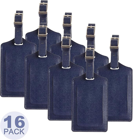 Travelambo 16 Pack Luggage Tags Faux Leather for Suitcases Travel Bag Labels with Protection Cover ID (Deep Blue)