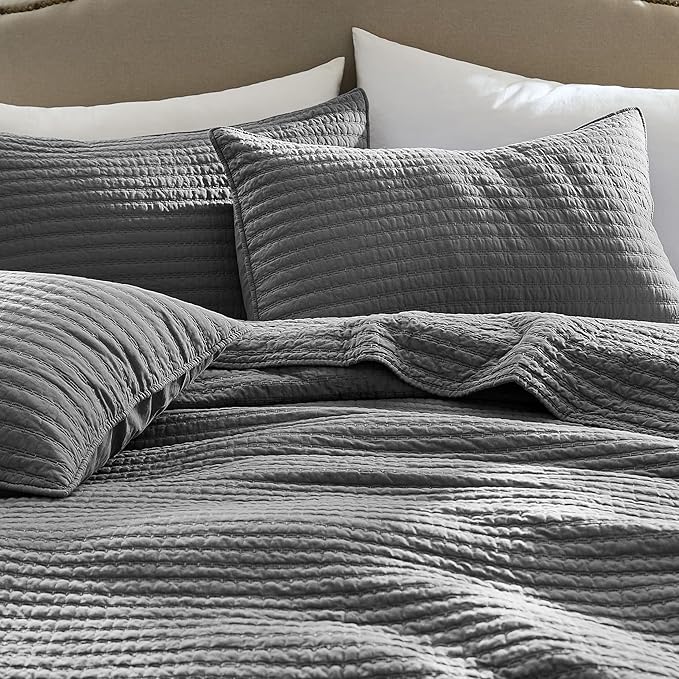 WDCOZY 100% Cotton King Size Quilt Set - Grey Striped Pick Stitch Soft Lightweight Bedspread, Textured Like Linen, Farmhouse Country Rustic Coverlet, Shabby Chic Gauze Bedding, 3 Pieces