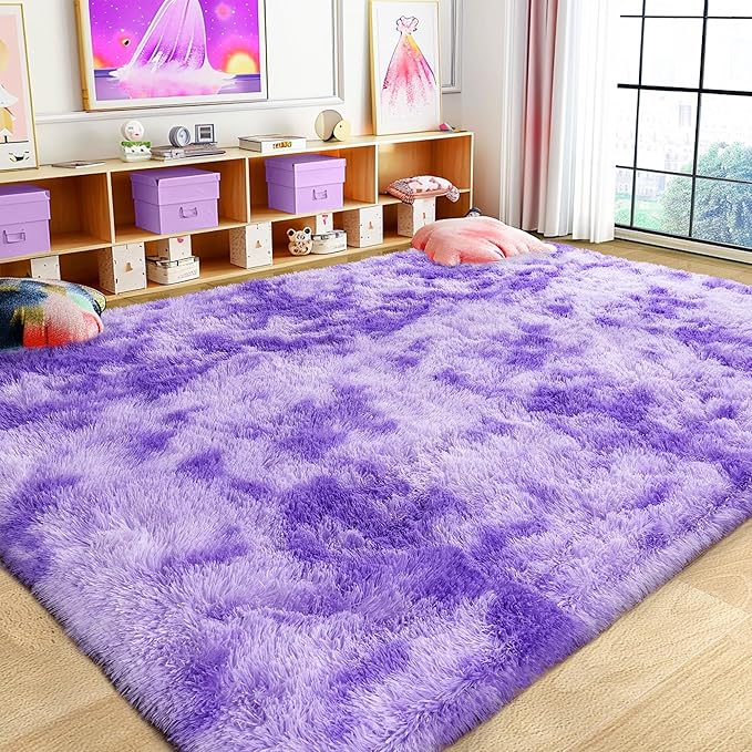 Ultra Fluffy Rug for Living Room Bedroom, 5x7 Fuzzy Large Area Rug for Living Room, Plush Soft Shag Carpet for Girl Boy Kids, Non Slip Rug Modern Indoor Home Decor Aesthetic, Tie-Dyed Purple