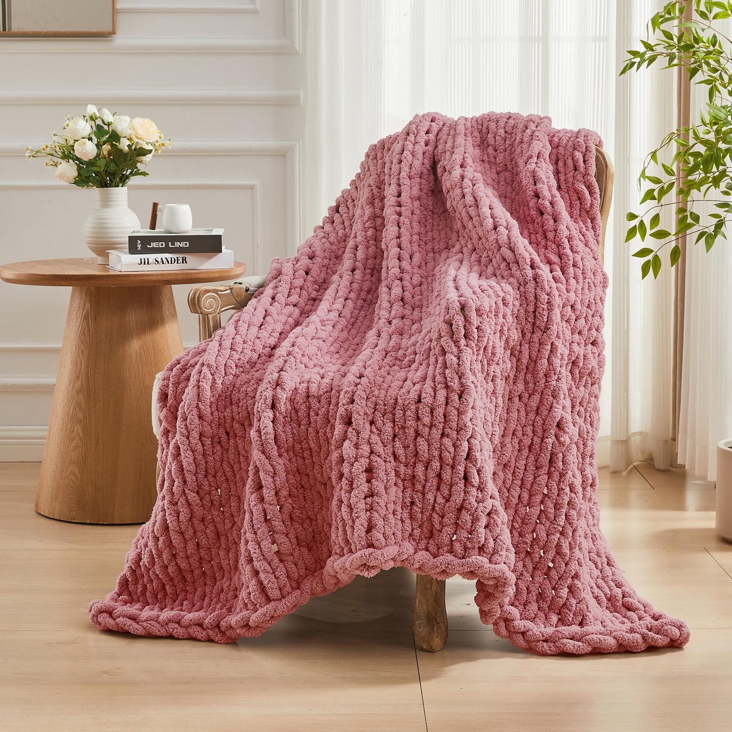 Carriediosa Chunky Knit Throw Blanket 50" X 60", 100% Hand Made Large Chenille Loop Yarn Soft Fluffy Throws for Couch Sofa Bed, Big Crochet Cozy Heavy Thick Cable Woven Blanket, Mauve