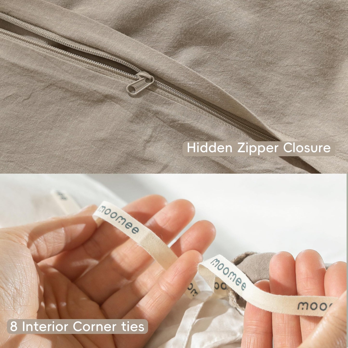 MooMee Bedding Duvet Cover Set 100% Washed Cotton Linen Like Textured Breathable Durable Soft Comfy (Heathered Tannish Linen Grey, King 104"x90")