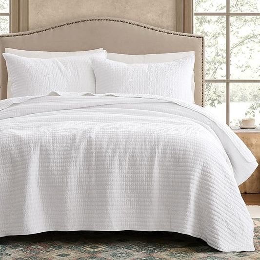 WDCOZY 100% Cotton Twin Size Quilt Set - White Striped Pick Stitch Soft Lightweight Bedspread, Textured Like Linen, Farmhouse Country Rustic Coverlet, Shabby Chic Gauze Bedding, 2 Pieces