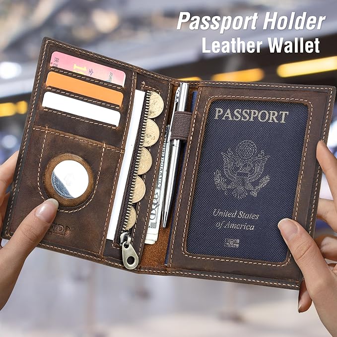 Top Grain Leather Single Travel Passport Wallet Embossing Badge for Unisex, Folio Design for Passport & Multi Cards, RFID Blocking for Passport/Cards/Checks/Bills/AirTag, Coffee Default, JP
