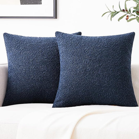 Mixhug Decorative Boucle Throw Pillow Covers, Midnight Blue, 18 x 18 Inches, Pack of 2 - Textured Boho Pillow Covers for Couch and Bed