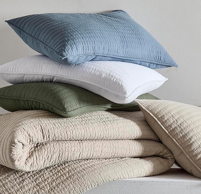 WDCOZY 100% Cotton Queen Size Quilt Set - Grey Striped Pick Stitch Soft Lightweight Bedspread, Textured Like Linen, Farmhouse Country Rustic Coverlet, Shabby Chic Gauze Bedding, 3 Pieces