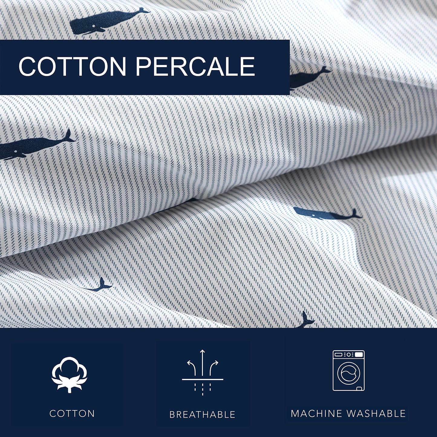 Nautica - Queen Size Sheet Set, Crisp Cotton Percale Bedding with Matching Pillowcases, Fully Elastic Fitted Sheet, Deep Pocket, Nautical Room Decor, Breathable All-Season Comfort (Whale Stripe Blue)