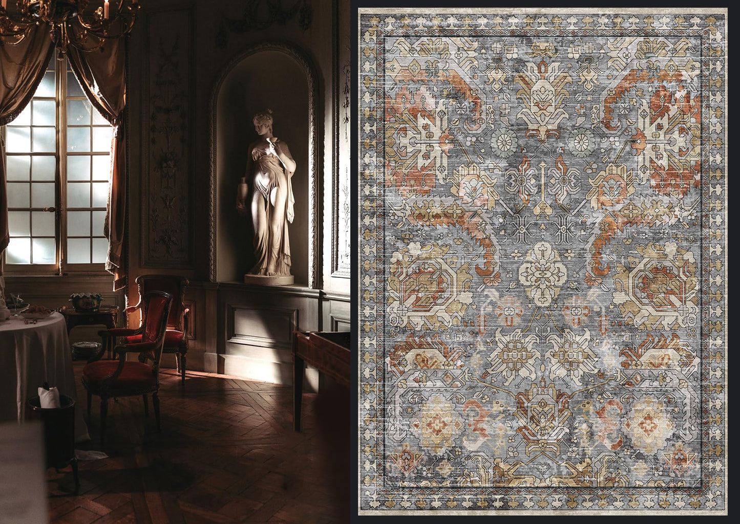 RUGSURE Washable Area Rugs - Perfect for Living Room, Bedroom, Kids Room, Nursery - Stain & Water Resistant Non-Slip, Pet & Child Friendly, Vintage Tribal Area Rugs (Turmeric and Grey, 4' x 6')