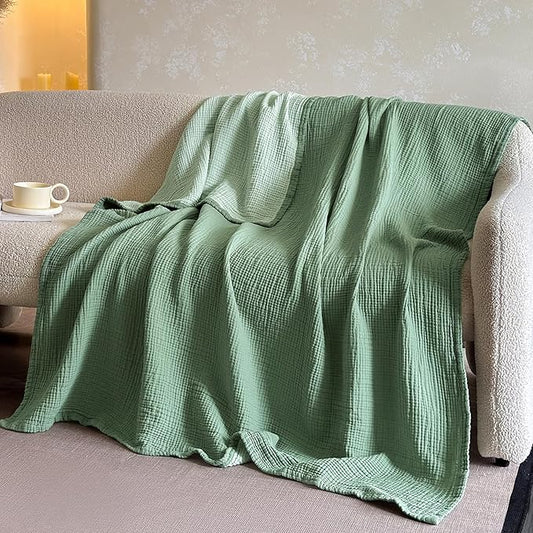 FALUCA Cotton Muslin Reversible Blanket Twin Size for Bed, Couch, Four Layers Blanket, Soft Lightweight Cozy Breathable Farmhouse Decoration for All-Season, Light Green