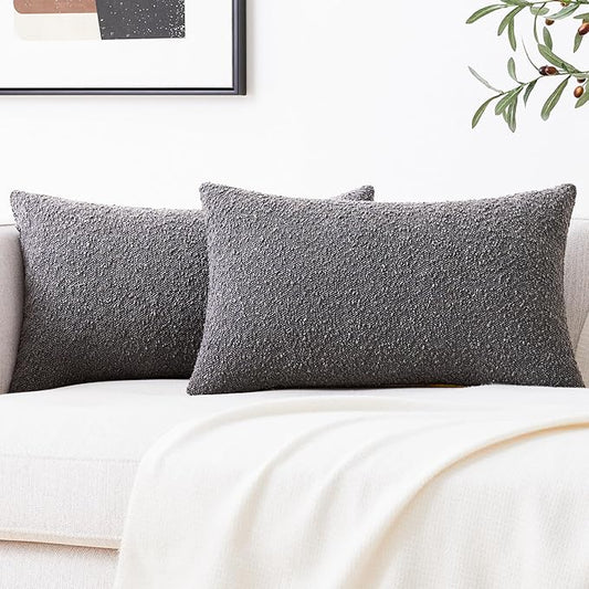 Mixhug Decorative Boucle Throw Pillow Covers, Dark Gray, 12 x 20 Inches, Pack of 2 - Textured Boho Pillow Covers for Couch and Bed