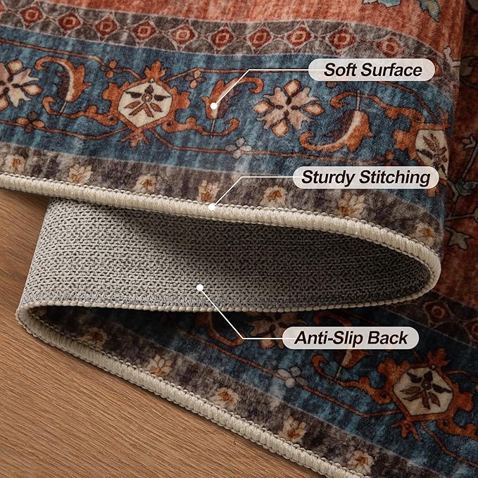 Tangsoo 2.6x10 Washable Runner Rug for Hallways, Non Slip Vintage Runner Rug, Soft Low Pile Long Rug Runner, Print Distressed Carpet Runners for Kitchen Bedroom Entryway Living Room Terracotta