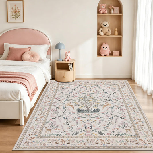 RCTJHOME 5x7 Beige Floral Nursery Kids Washable Area Rug Non-Slip Carpet