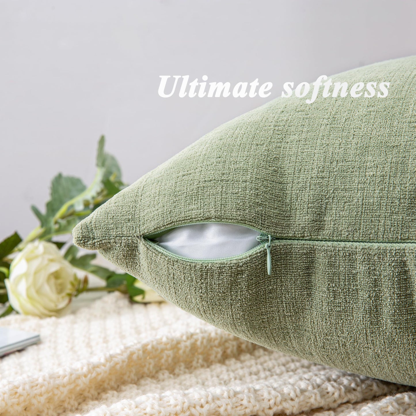 GAWAMAY Decorative Square Sage Green Throw Pillow Covers 18"x18" Inch Set of 2, Super Soft Chenille Pillows Farmhouse Fall Pillowcase for Living Room Bedroom Sofa Couch Cushion Cover 45x45cm
