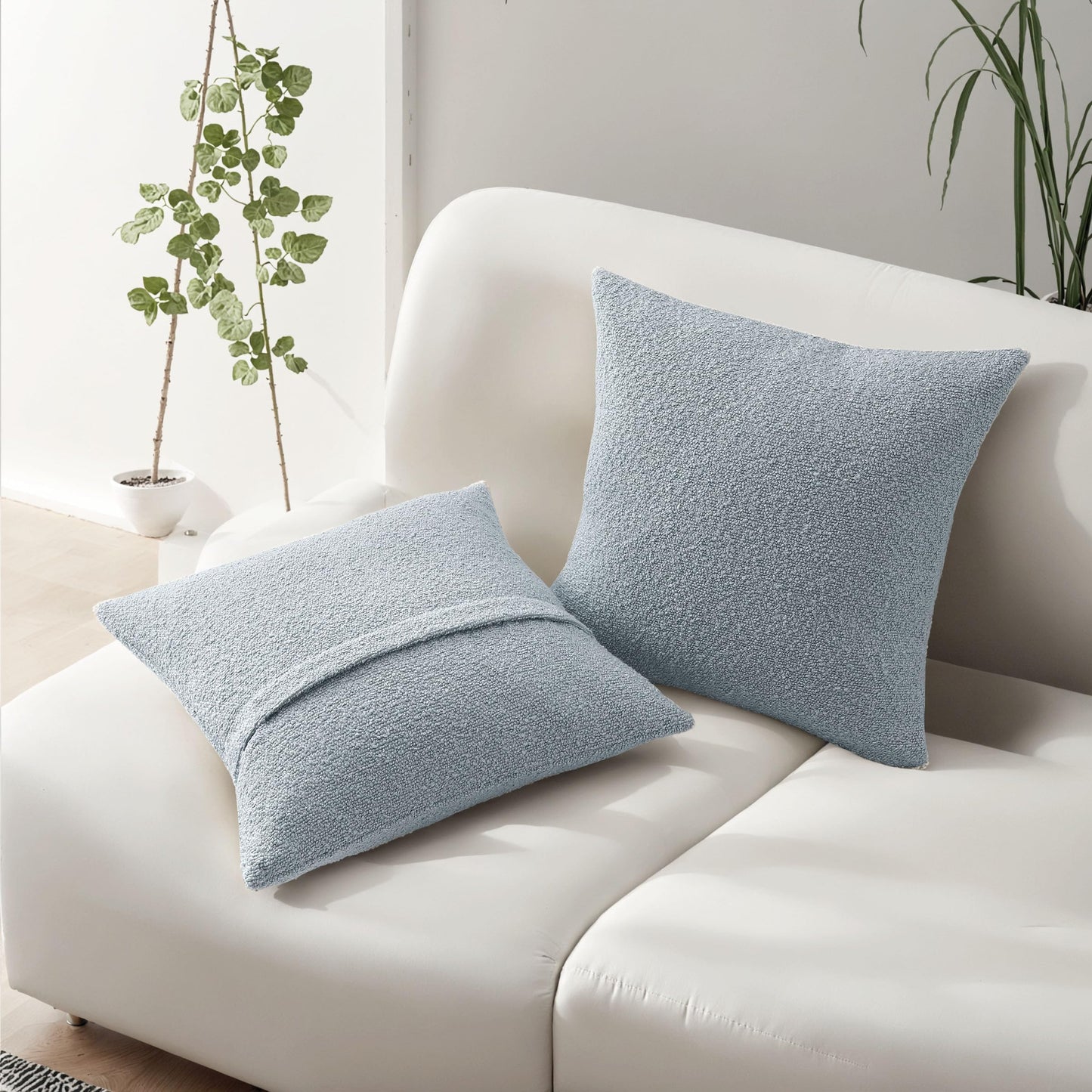 HAUSSY Pack of 2 Pillow Covers 18x18 Inch, Boucle Decorative Throw Pillows Soft Boho Neutral Cushion Covers Home Decor Modern Pillow Cases for Couch Living Room Sofa Bed, Dusty Blue (Covers Only)