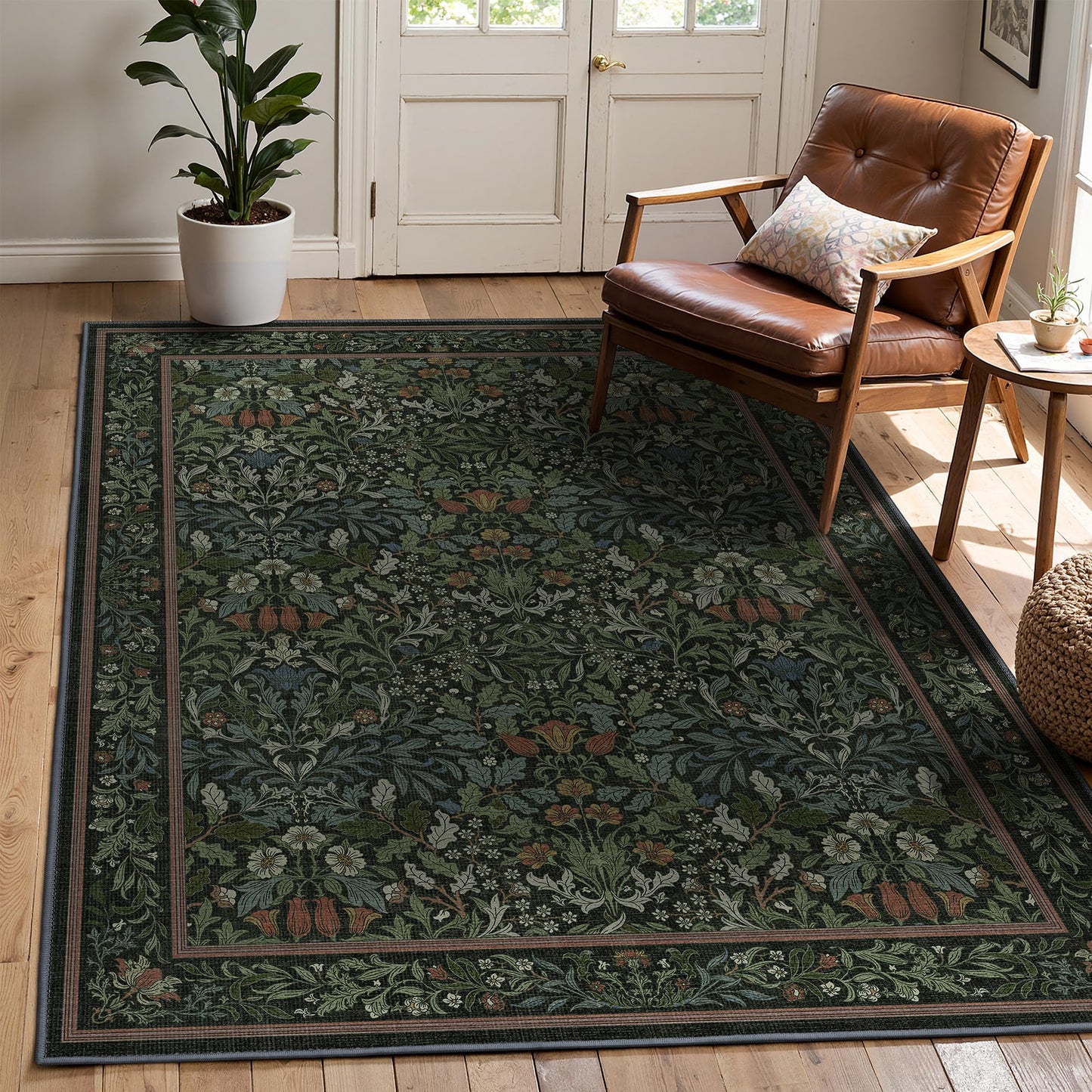 GENIMO Washable Rugs 5x7, Dark Green Rug Non Slip, Vintage Boho Floral Area Rug, Soft Low Pile Thin Carpet for Bedroom Living Room Nursery Dining Room, Dark Green