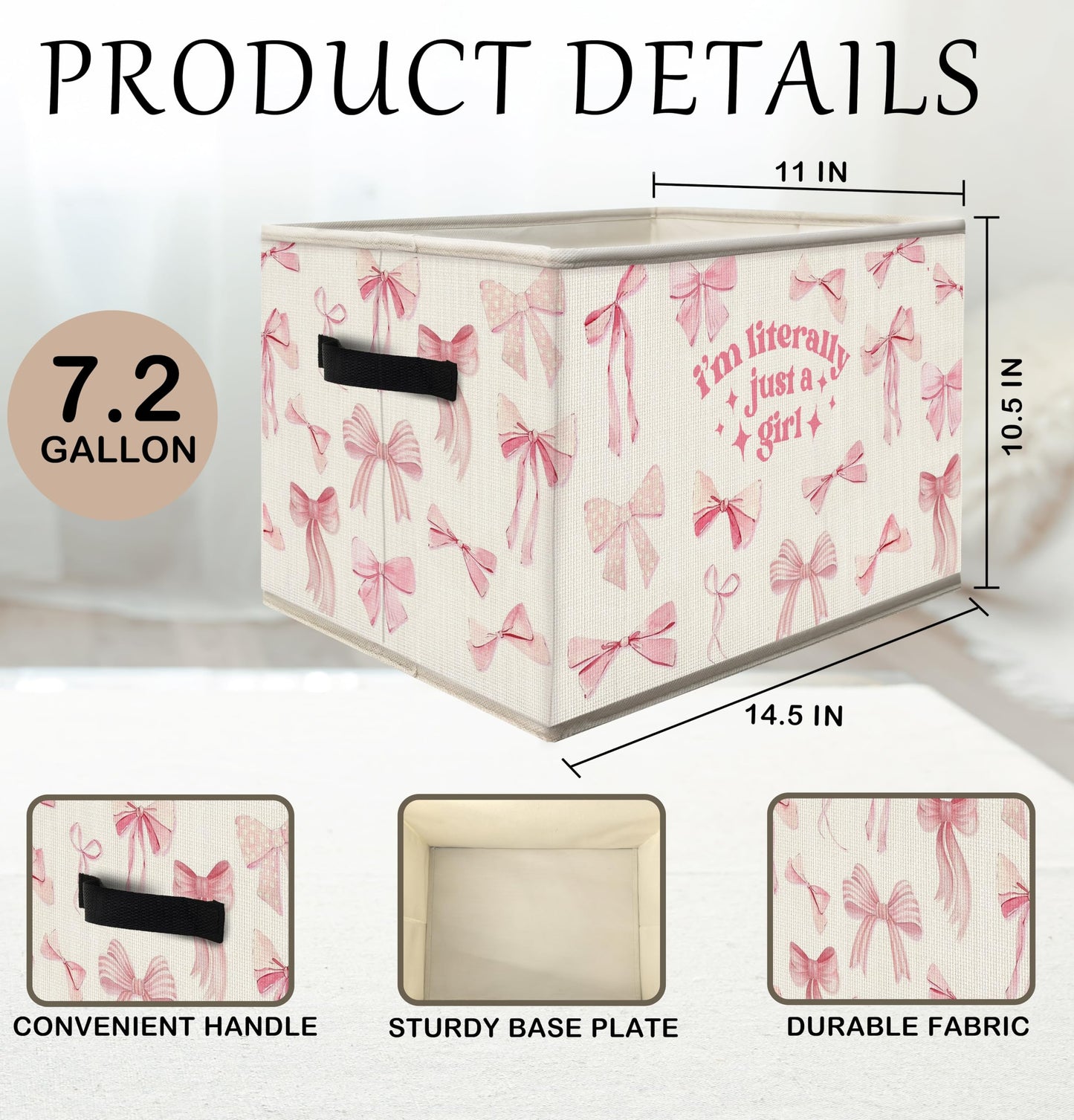 FDHSPAAM Coquette Preppy Pink Bow Storage Bins Box with Handles, I'm Iiterally Just a Girl Collapsible Fabric Storage Basket Box Organizer for Girls Dorm Bedroom Bathroom Clothes Toys Books