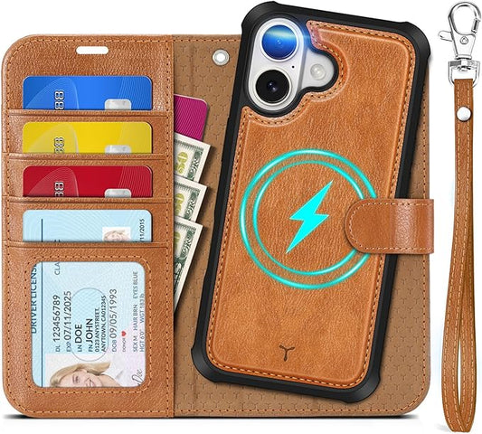 TUCCH Detachable Case Wallet for iPhone 17 (6.3") 2025, Wrist Strap | 4 Card Slots RFID Blocking | Wireless Charging | Stand | 2-in-1 Magnetic | PU Leather | Shockproof Folio Cover | Light Brown
