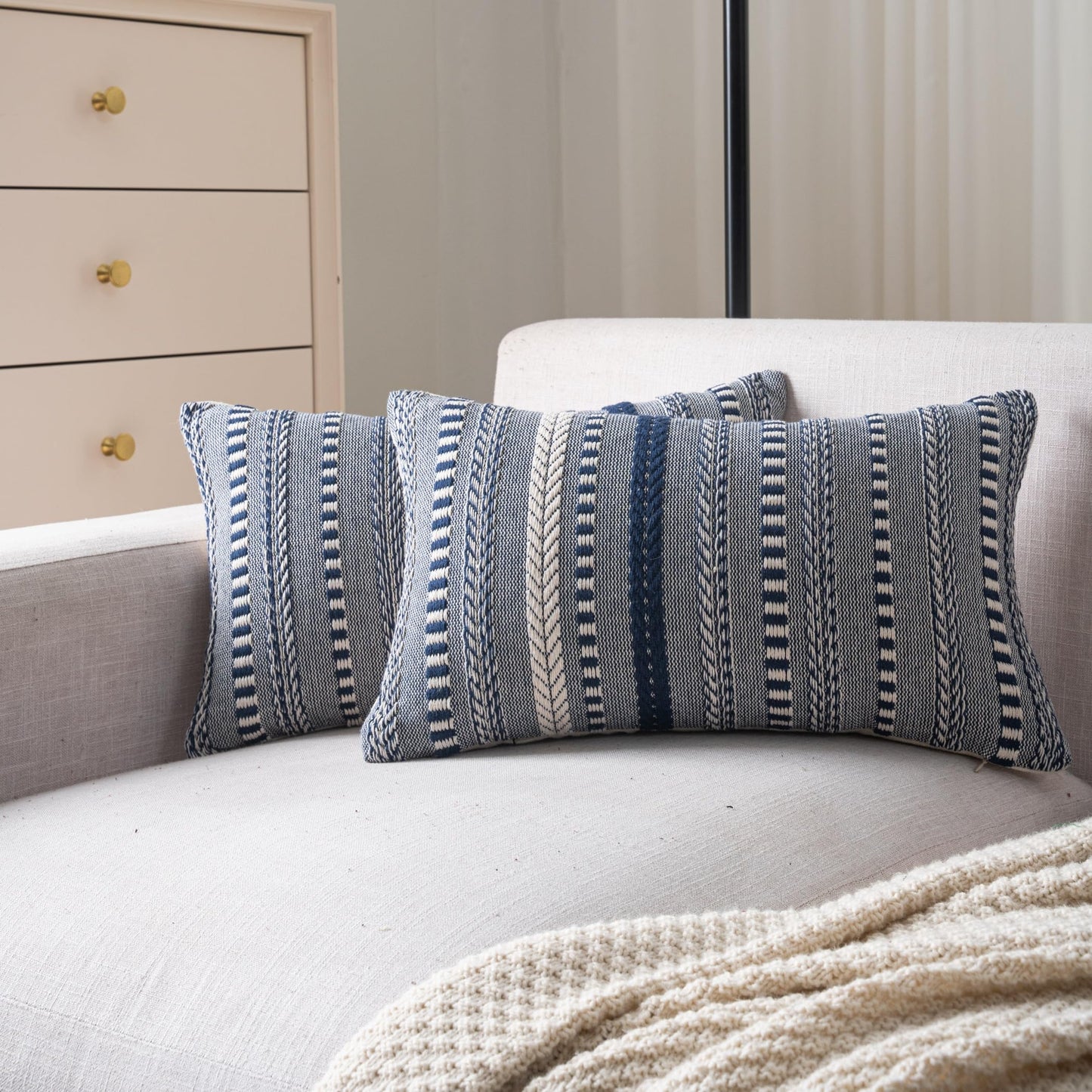 Cethom Boho Throw Pillow Covers 12x20 Inch Set of 2, Farmhouse Decorative Couch Pillow Cases, Navy Blue Accent Pillows of Bed, Sofa Bedroom Living Room Home Decor Cushion Cover