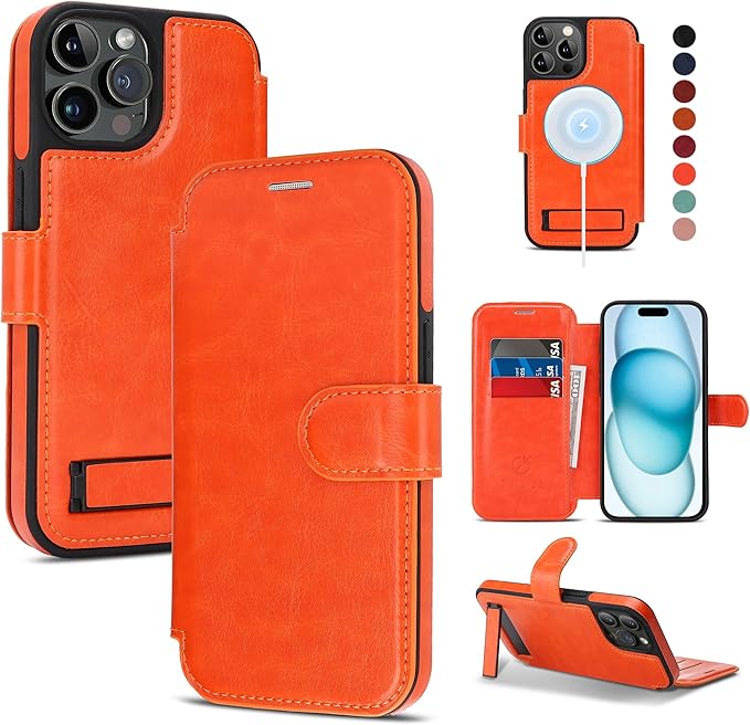 CIVICASE for iPhone 13 Pro Max Wallet Case with Stand,PU Leather Flip Credit Card Holder Slots (RFID Blocking),Compatible with Magsafe Magnetic Holder Phone Cover Women Men,Orange
