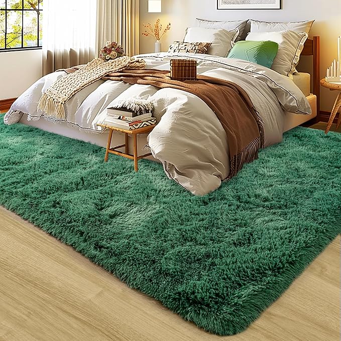 Super Fluffy Rug for Bedroom, 4x6 Shag Fuzzy Area Rug for Living Room Bedroom, Plush Soft Carpet for Girls Boys Kids, Non Slip Throw Rugs for Dorm, Modern Home Decor Aesthetic, Dark Green