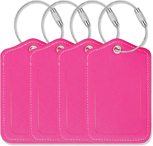 Luggage Tags for Suitcases-Leather Luggage Tag 4 Pack with Loops Cute Bag/Backpack/Suitcase Tags Travel Essentials for Flying (Pink)
