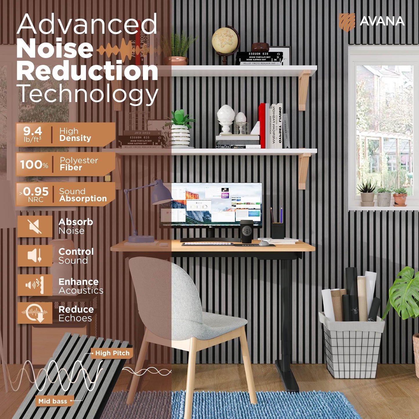 Avana Acoustic Wood Wall Panels – 93.2x11.25 Inch Panels – Fits 94x12 Layout – Gray Oak Acoustic Panels 4 PCs – Wall Panels for Interior Wall Decor for Homes, Offices – Design Wood Panels for Wall