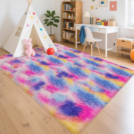TENNOLA Rainbow Area Rugs 5x8 ft,Tie-Dyed Unicorn Fluffy Fuzzy Shaggy Carpet Soft Plush Furry Rug,for Bedroom Living Room Indoor Floor Rug Kids Girls Boys Home Decor Aesthetic, Dorm Nursery