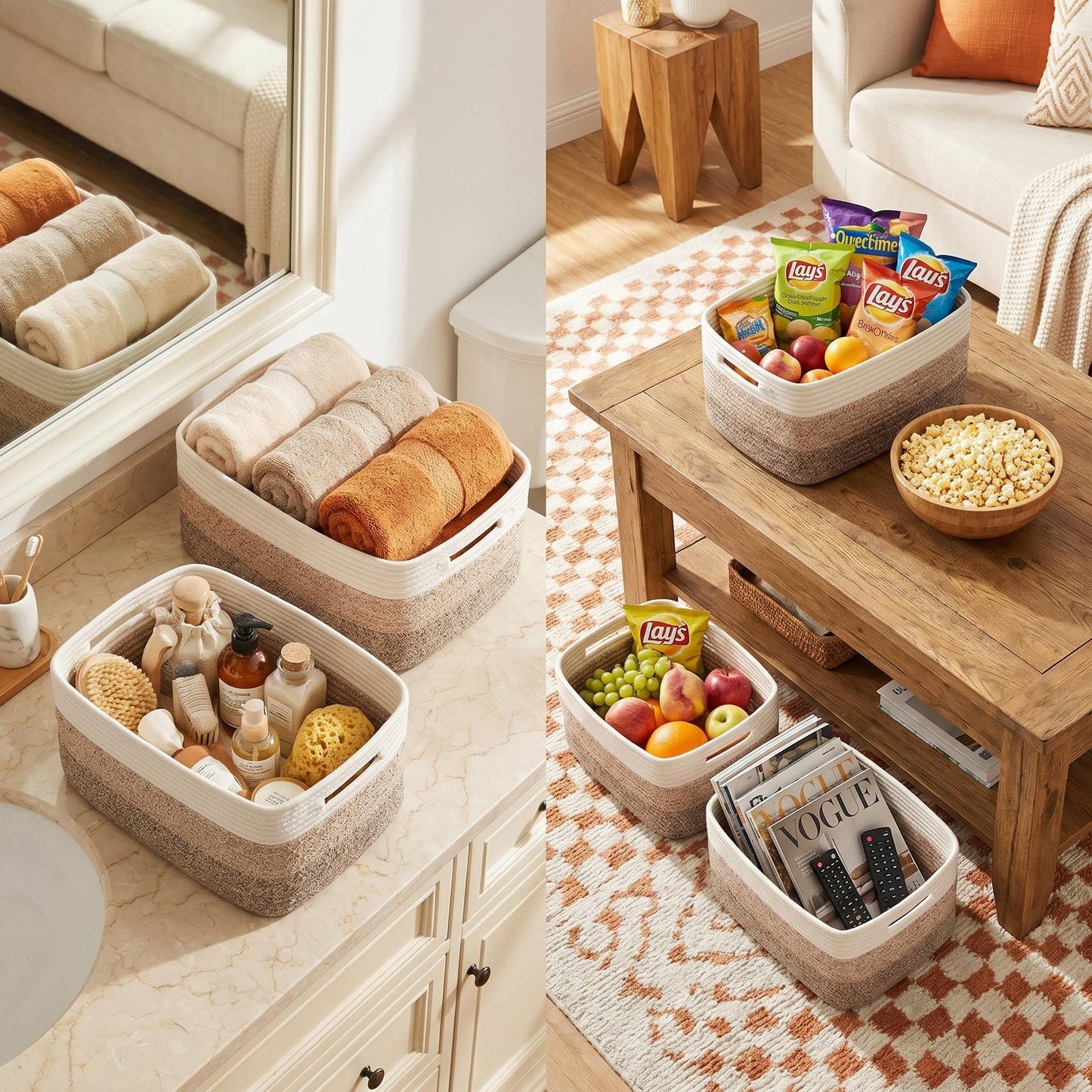 Set of 4，15.8"×13.7"×7.8"Cotton Rope Baskets for Shelves, Woven Storage Baskets for Organizing - Closet, Nursery, Bedroom, Playroom Books, Clothes