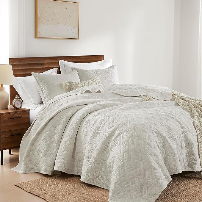 WDCOZY 100% Cotton Twin Size Quilt Set - Beige Pre-Washed Soft Lightweight Modern Bedspread, Farmhouse Country Rustic Coverlet, Textured Like Linen, Shabby Chic Gauze Bedding, 2 Pieces