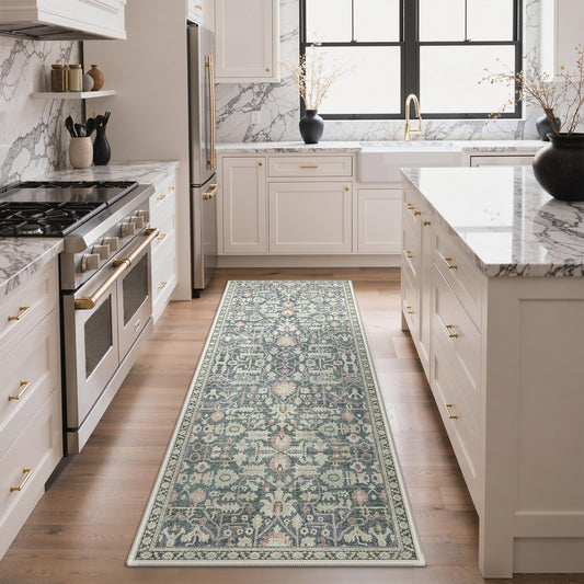 Bavni 2X6 Rug Runners for Hallways, Washable Runner Rug Non Slip, Vintage Floral Print Style Rugs for Bedroom-Lightweight Low Pile Carpet for Kitchen Bathroom,Green/Blue