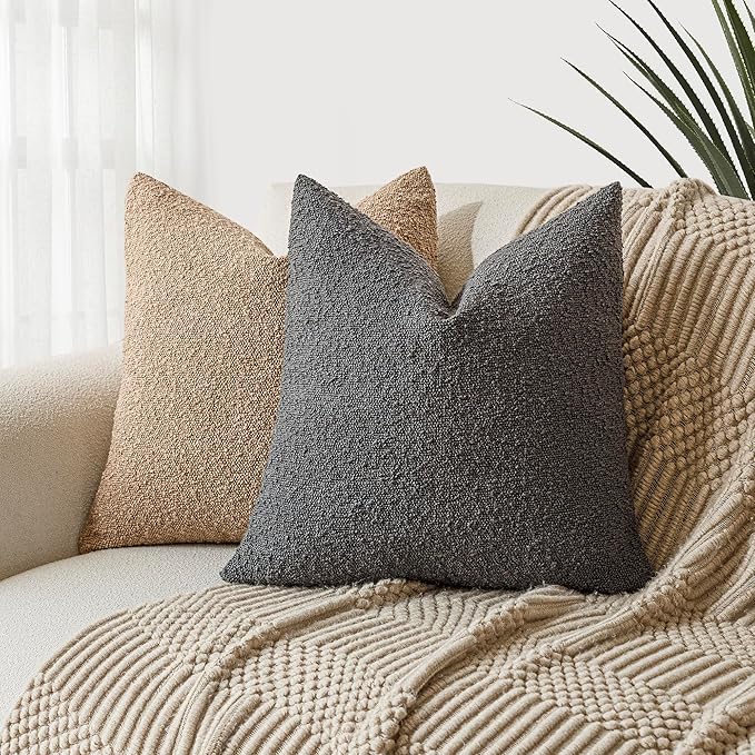 Foindtower Decorative Textured Boucle Throw Pillow Covers Accent Solid Pillow Cases Neutral Soft Cozy Couch Cushion Case for Chair Sofa Bedroom Living Room Home Decor 24 x 24 Inch,Dark Grey
