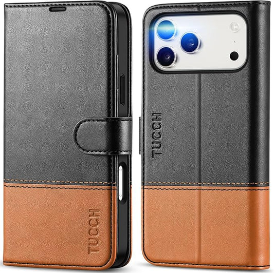 TUCCH Wallet Case for iPhone 17 Pro Max (6.9") 2025, RFID Blocking 4 Card Slots, Kickstand, Shockproof TPU Shell, PU Leather, Magnetic Closure, Protective Flip Folio Cover, Black & Brown