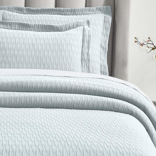 Superior 3 Piece Cotton Bedspread Set, Home Bed Decor, Decorative Bed Spread, 2 Pillow Shams, Medium Weight Blanket, Matelasse Coverlet, Bedding Essentials, Calvert Collection, Queen, Sky Blue