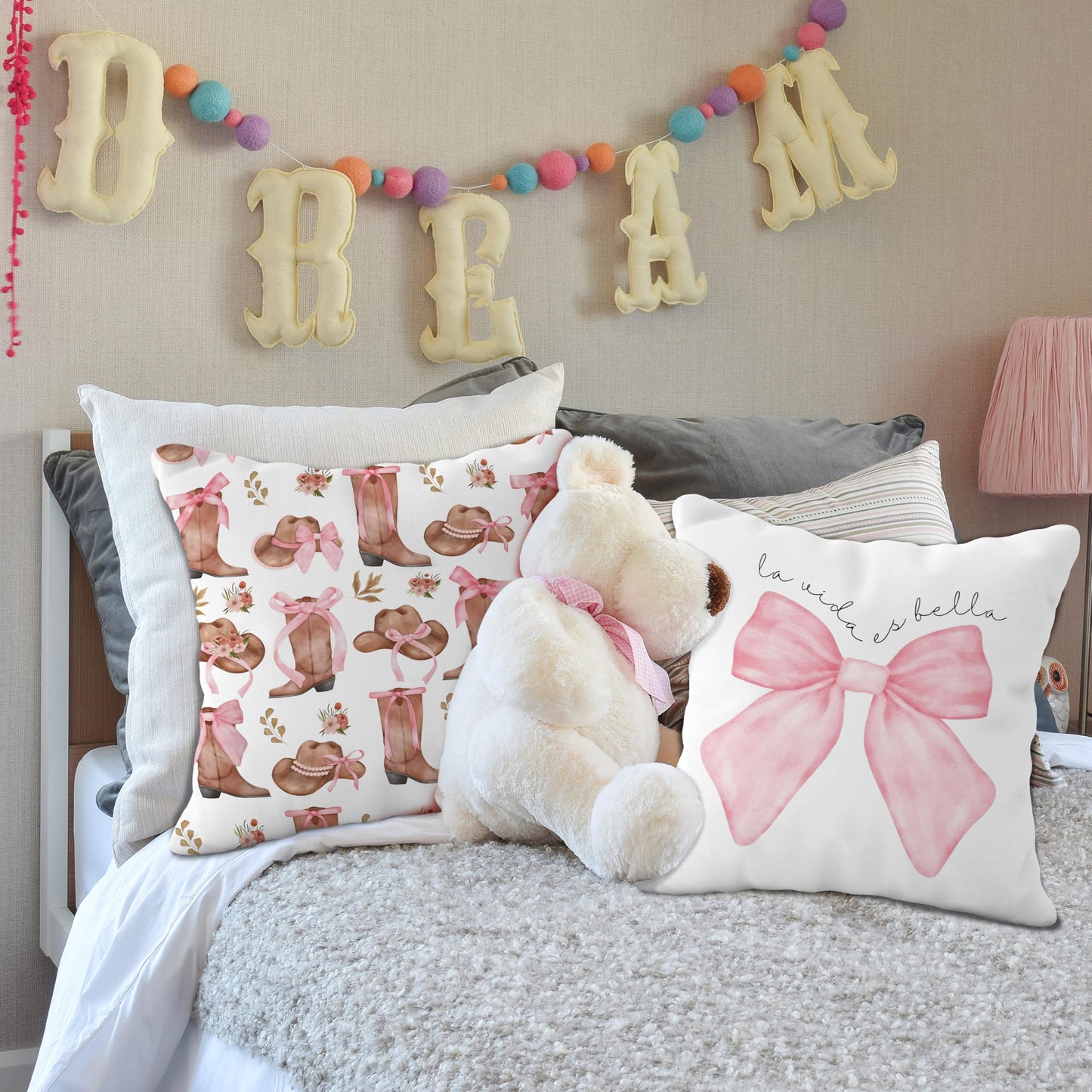 YeiHe Coquette Pink Bow Cowgirl Boots Pillow Covers 18x18, Preppy Cowgirl Room Decor, Pink Girly Bedroom Decor, Coquette Stuff, Set of 2