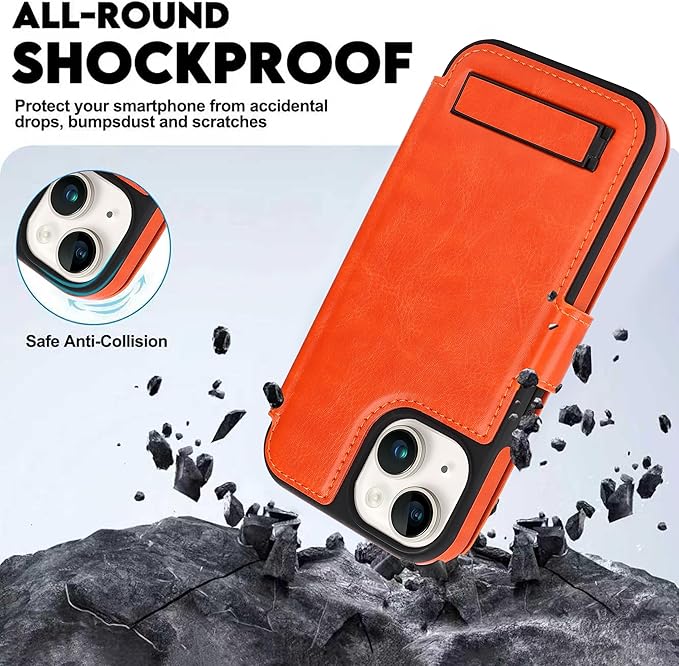 CIVICASE for iPhone 13/iPhone 14 Wallet Case with Stand,PU Leather Flip Credit Card Holder Slots (RFID Blocking),Compatible with Magsafe Magnetic Holder Phone Cover Women Men,Orange