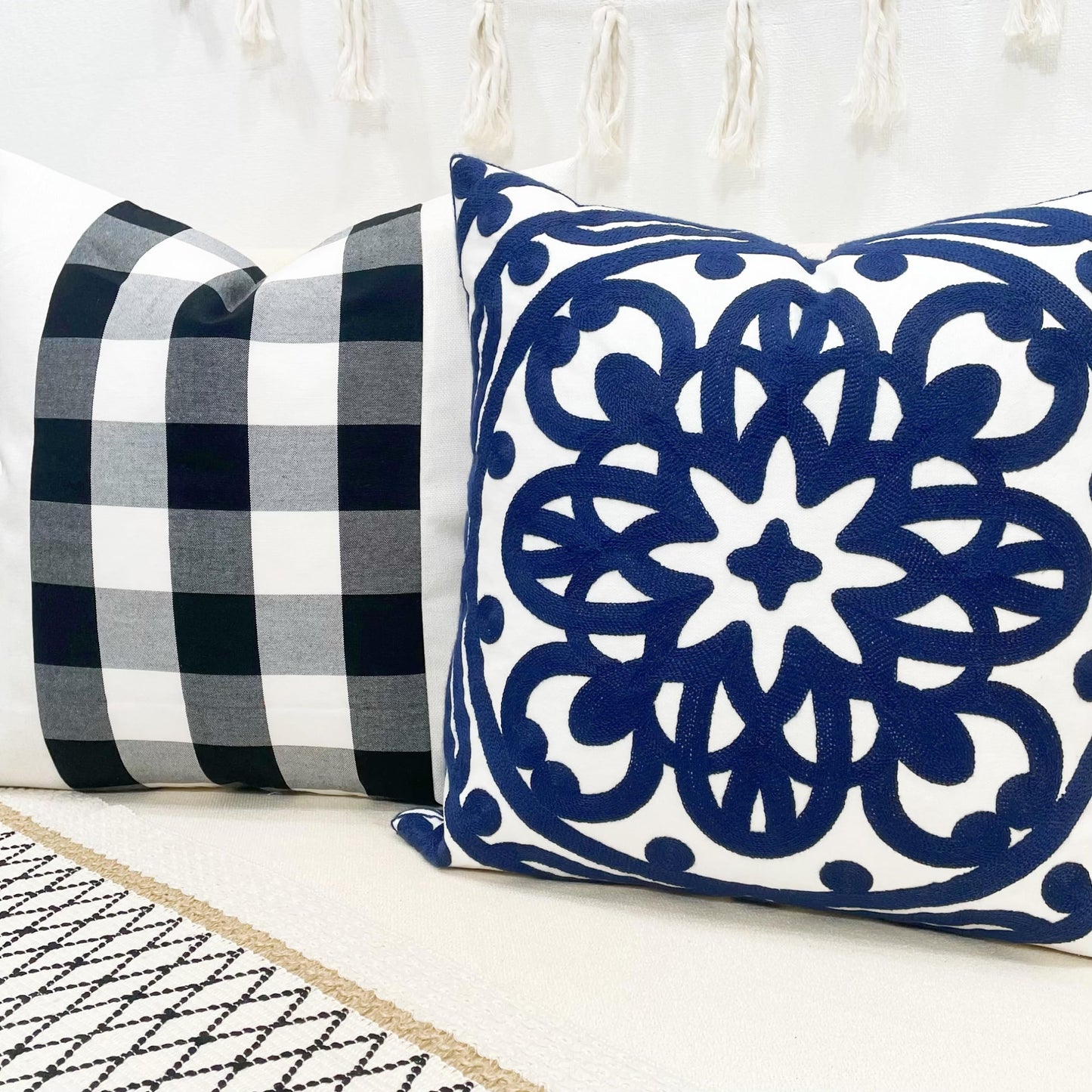 Slow Cow Canvas Embroidered Decorative Throw Pillow Cover Square 18 x18 inches Cozy Boho Mandala Chic Knit Pattern Cushion Cover for Sofa Couch Living Room Bedroom